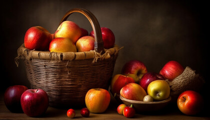 A rustic still life: fresh, organic apples in a wicker basket generated by AI