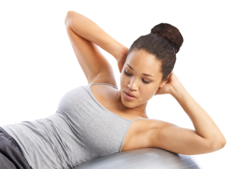 Fitness, health and exercise ball pushup for woman on isolated, transparent and png background. Gym, workout and face of lady with inflatable for core, resilience and strength training or challenge