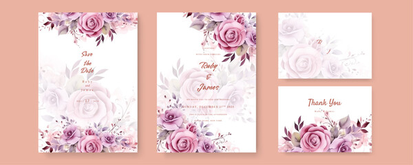 Vector watercolor wedding invitation card template with pink and burgundy floral and leaves decoration