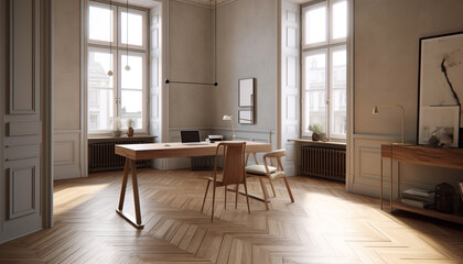 Fototapeta premium Modern, elegant, comfortable apartment with wide windows and hardwood flooring generated by AI