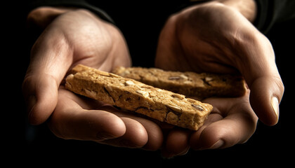 Fototapeta premium Caucasian hand holding homemade chocolate chip cookie, tempting indulgence generated by AI
