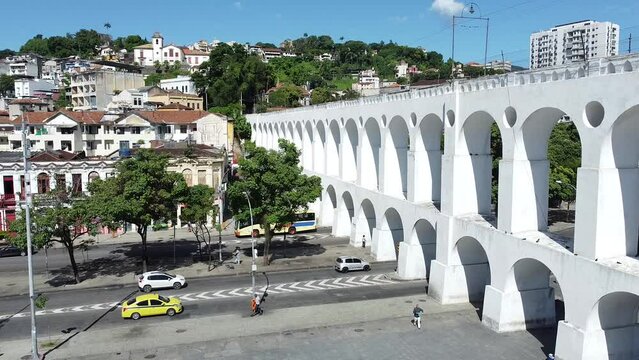 Rio de Janeiro touristic attraction Arcos da Lapa, city centre plaza, beautiful architecture by drone during the day