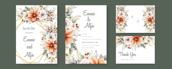 Fototapeta na wymiar Beautiful watercolor golden frame flower wedding invitation design template