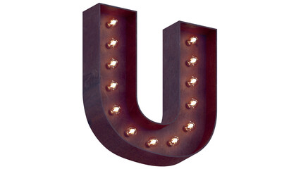 Light bulb glowing letter alphabet character U font. Perspective view illuminated capital symbol on transparent background. 3d rendering illustration. PNG letters