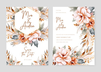 Fototapeta premium Floral wedding invitation card set template design, pink watercolor decorated with magnolia liliiflora flowerss on white