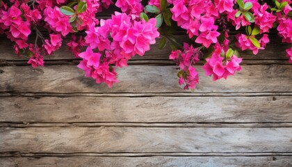 Pink bougainvillea flowers on wooden background. Copy space