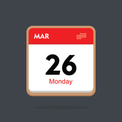 monday 26 march icon with black background, calender icon