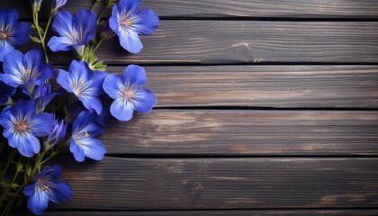 Blue flowers on wooden background. Top view with copy space for your text.