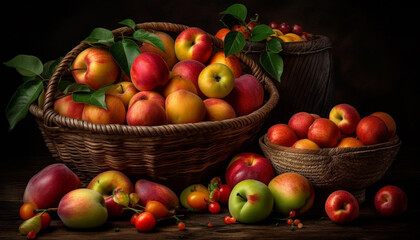 Naklejka na ściany i meble Freshness of nature harvest, a basket full of healthy organic fruit generated by AI