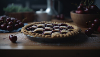Fototapeta na wymiar Homemade sweet pie, fresh berry fruit, gourmet baked pastry, rustic kitchen generated by AI