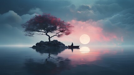 Concept of calmness, a surreal image of a serene lake, with a lone tree standing against the backdrop of a radiant sun, evoking feelings of peace, solitude, and oneness with nature. Generative AI