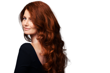 Ginger, advertising or woman with red curly hair, texture promotion or highlights extensions. Spa salon hairstyle, hairdressing shampoo brand or back of person isolated on transparent, png background