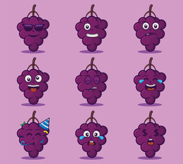 Cute and kawaii grape fruits character emoticon expression illustration set