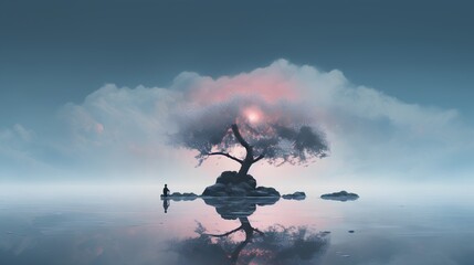 Concept of calmness, a surreal image of a serene lake, with a lone tree standing against the backdrop of a radiant sun, evoking feelings of peace, solitude, and oneness with nature. Generative AI
