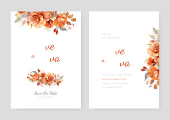 Floral wedding invitation template with brown sakura flowers and leaves decoration. Botanic card design concept