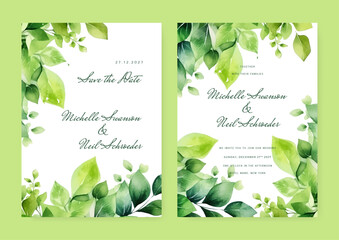 wedding invitation card template with white rose bouquet wreath leave watercolor painting