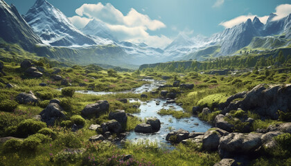 Fototapeta premium Tranquil scene, majestic mountain peak, serene reflection, nature panoramic beauty generated by AI