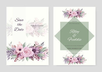 Wedding invitation set with beautiful flowers and leaves
