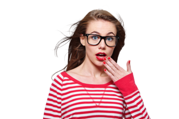 Fashion, glasses and shock with portrait of woman on png for nerd, education and youth. Surprise, news and announcement with student isolated on transparent background for confidence and hipster
