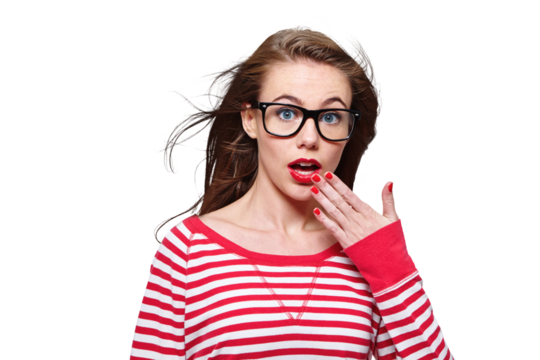 Fashion, glasses and shock with portrait of woman on png for nerd, education and youth. Surprise, news and announcement with student isolated on transparent background for confidence and hipster