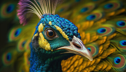 Majestic peacock displays vibrant colors, showcasing beauty in nature generated by AI