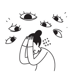han drawn doodle person surrounded by giant eyes feeling overwhelmed and helpless illustration
