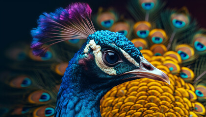 Obraz premium Majestic peacock displays vibrant colors, captivating with its elegant beauty generated by AI