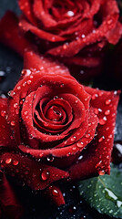 Vibrant red rose speckled with water droplets