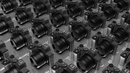Camera, World Photography Day. Lot of digital cameras on the table. 3d render