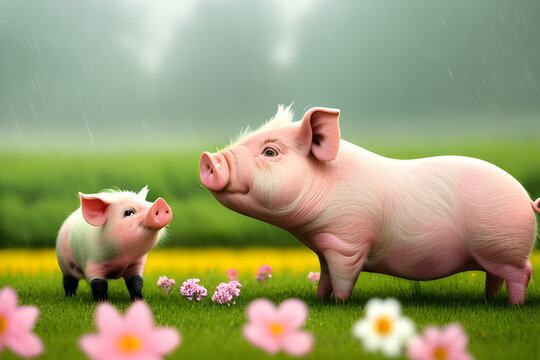 Draw a cute pig playing with his family among the flowers in a rainy field .Generative AI