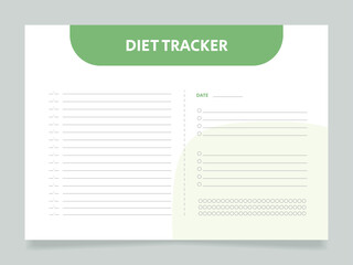 Healthy nutrition and diet tracker worksheet design template. Printable goal setting sheet. Editable time management sample. Scheduling page for organizing personal tasks. Arial Regular font used