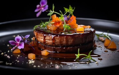 quisite Foie Gras: Gourmet Dish with Rich Red Sauce Generative AI - obrazy, fototapety, plakaty
