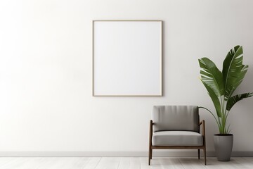 White painting, white wall, wooden chair, and decoration plant