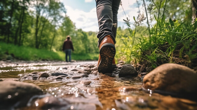 closeup feet walking with hiking boots along through a river