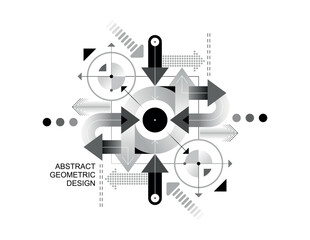 Combination of geometric shapes, rounds,  and arrows pointing in different directions. Greyscale abstract vector design isolated on a white background.