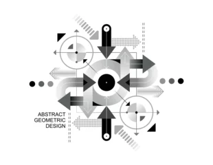 Poster Im Rahmen Combination of geometric shapes, rounds,  and arrows pointing in different directions. Greyscale abstract vector design isolated on a white background. ©  danjazzia