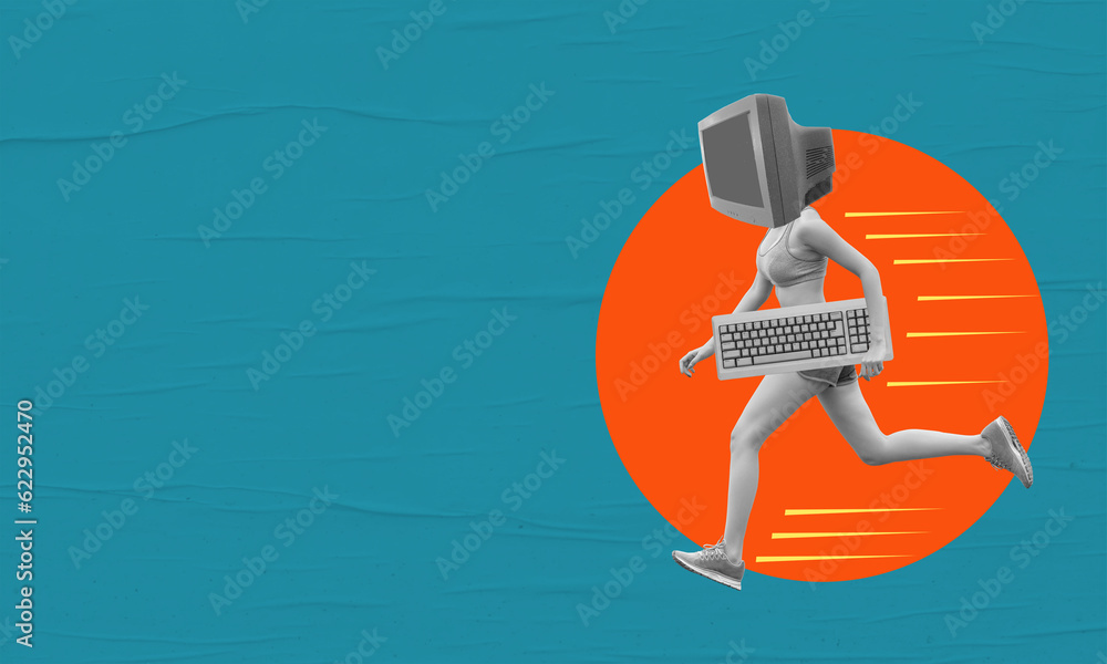 Fototapete art collage, runner with a monitor instead of the head, holding keyboard on blue background with cop
