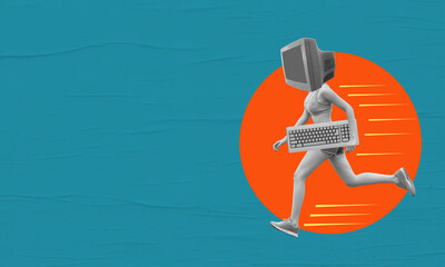 Art collage, runner with a monitor instead of the head, holding keyboard on blue background with...