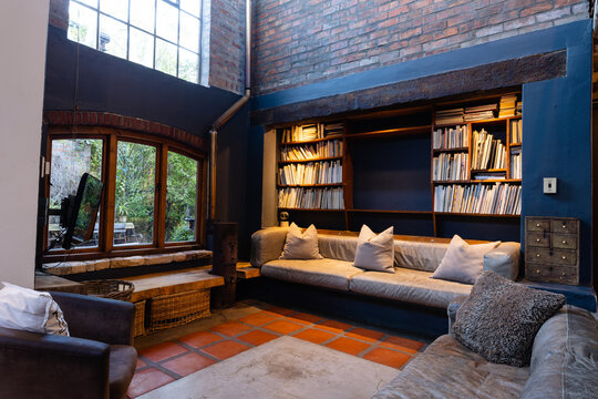 General view of living room with sofas, armchair, bookcase and window