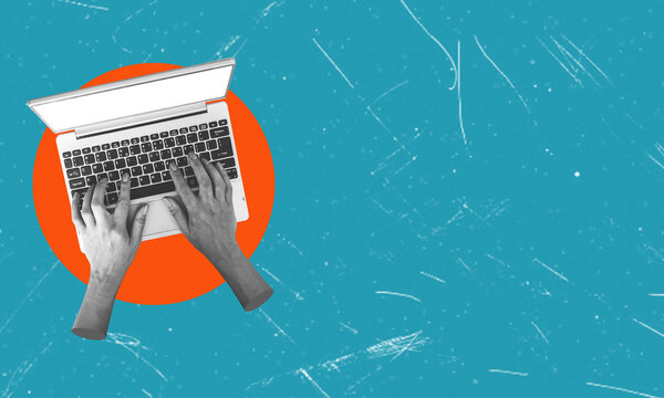 Contemporary art collage. Male hands typing on a laptop, working with financial analytics, growing virtual money.