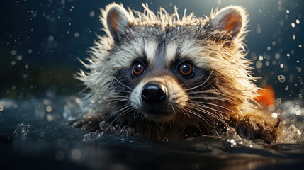 Obraz premium Aquatic Charm: A Delightful Encounter with a Young Racoon's Swim. Generative AI