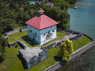 Fototapeta na wymiar The Aerial View of Fort Amsterdam in Hila, Central Maluku, Indonesia