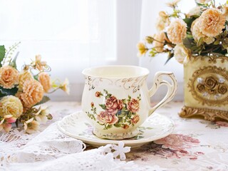 Antique cup of tea with saucer ,yellow orange rose flowers background ,porcelain vintage style ,old English coffee cup still life for wallpaper ,romance roses backgrounds 