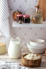 Kitchen table with ingredients for cottage cheese pancakes