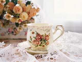 Antique cup of tea with saucer ,yellow orange rose flowers background ,porcelain vintage style ,old English coffee cup still life for wallpaper ,romance roses backgrounds 