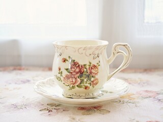 Obraz na płótnie Canvas Antique cup of tea with saucer ,yellow orange rose flowers background ,porcelain vintage style ,old English coffee cup still life for wallpaper ,romance roses backgrounds 