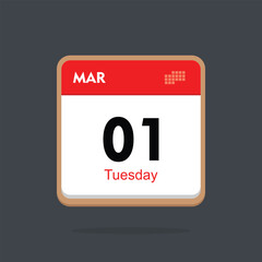 tuesday 01 march icon with black background, calender icon