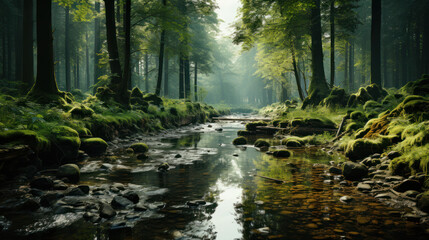 Enchanted Canopy: Immersed in the Tranquil Beauty of a Green Forest. Generative AI