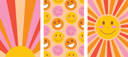 Set of posters with groovy sun and emoji. Groovy posters 70s, 80s. Retro poster. Botanical elements, vintage print. Colorful retro background.