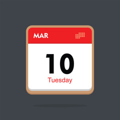 tuesday 10 march icon with black background, calender icon